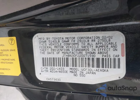 2002 Lexus Ls 430 from USA, damaged, VIN JTHBN30F220071590